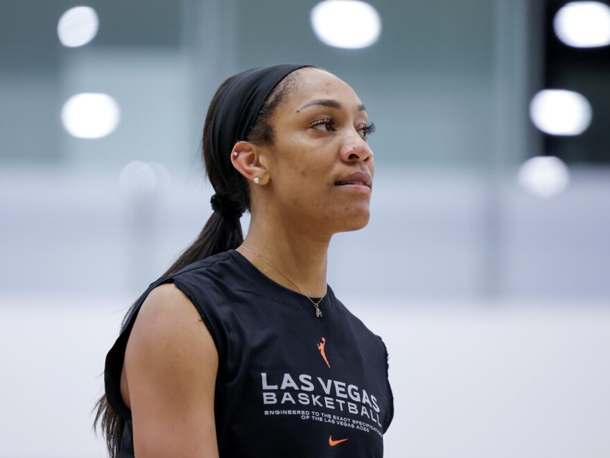 A'ja Wilson of the Las Vegas Aces walks on the court during a training camp scrimmage at Las Vegas Aces Headquarters on May 2 in Henderson, Nev. The Aces are the favorites to win the championship in 2024.