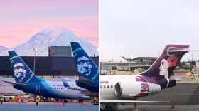 FILE - An Alaska Airlines plane in Seattle, left, and a Hawaiian Airlines plane in Honolulu, right.