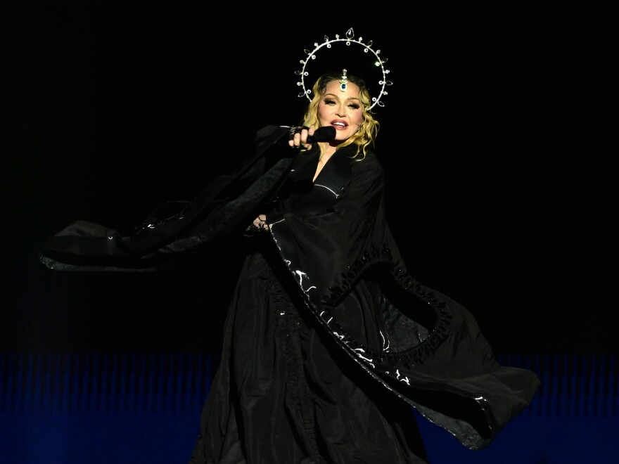 Pop star Madonna, performing Saturday night at a massive free concert at Copacabana Beach in Rio de Janeiro, Brazil.