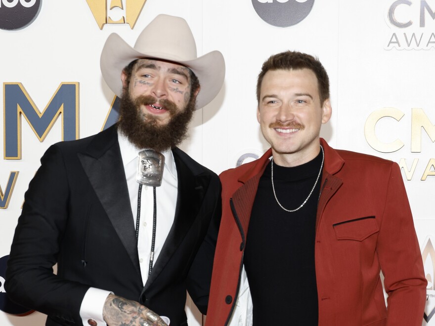 Post Malone (left) and Morgan Wallen on the red carpet at the 57th Annual CMA Awards on November 8, 2023 in Nashville, Tenn.