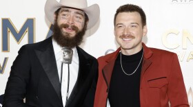 Post Malone (left) and Morgan Wallen on the red carpet at the 57th Annual CMA Awards on November 8, 2023 in Nashville, Tenn.