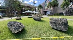 Remnants of latte stones on display at Bishop Museum.