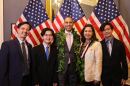 U.S. Rep. Jill Tokuda, House Minority Leader Hakeem Jeffries, middle, her husband Kyle, and their sons Matt and Aiden after Tokuda was sworn into office on Jan. 7, 2023.