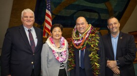 From left to right: Hawaiʻi Supreme Court Chief Justice Mark Recktenwald, newly confirmed Supreme Court judges Lisa Ginoza and Vladimir Devens, and Gov. Josh Green after the state Senate confirmation hearings on Nov. 21, 2023.