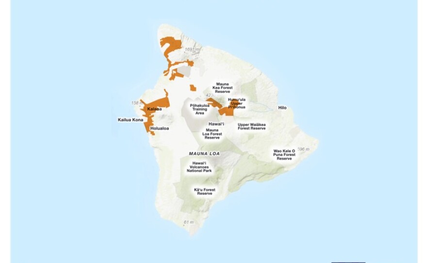 Areas on Hawaiʻi Island that may be subject to a Public Safety Power Shutoff.