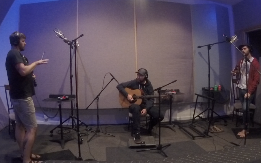 Left to right: Leif Karlstrom, Adam Roszkiewicz and John Mailander at the Organic Records recording studio in North Carolina in November 2018.