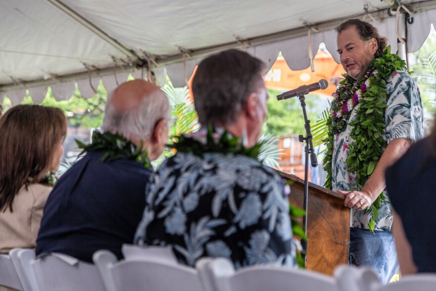 Tech billionaire Marc Benioff, the chair and CEO of software company Salesforce, speaks at the ceremonial groundbreaking of the new Straub Benioff Medical Center. (May 16, 2024)