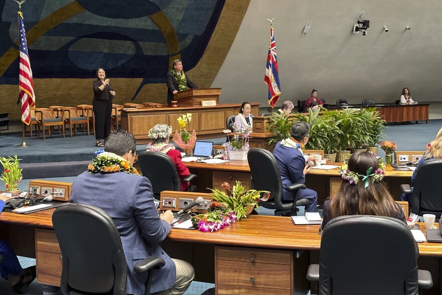 Hawaiʻi Senate President Ron Kouchi, top left, speaks to senators at the Hawaiʻi State Capitol on Wednesday, Jan. 17, 2024, in Honolulu. Hawaiʻi lawmakers on Wednesday opened a new session of the state Legislature. (AP Photo/Audrey McAvoy)