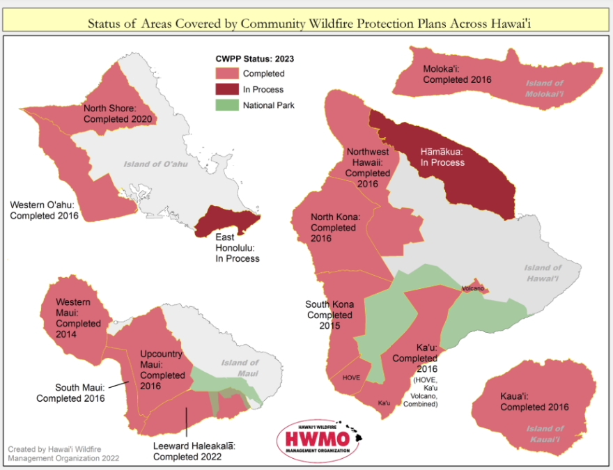 The status of areas covered by community wildfire protection plans across Hawaiʻi, according to the Hawaiʻi Wildfire Management Organization.