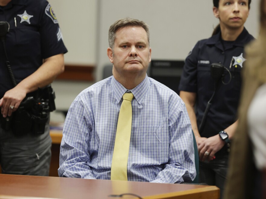 Chad Daybell sits at the defense table after the jury's verdict in his murder trial was read at the Ada County Courthouse in Boise, Idaho, on Thursday. 