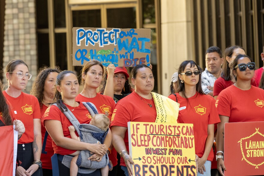 Over the past eight months, Lahaina Strong organizers and supports have occupied Ka'anapali Beach taking a stand for dignified housing for fire survivors, held rallies in support of conversion of vacation rentals to residential housing and lobbied at the Capitol for bills benefiting Lahaina residents, pictured here.