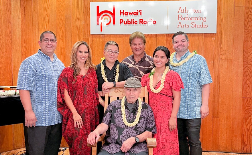 Pōmaikaʻi was joined by Halehaku Seabury-Akaka, Kama Hokins, Alan Akaka, and Mālie Lyman for an evening of traditional Hawaiian mele and moʻolelo at the Atherton Performing Arts Studio.