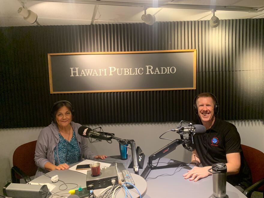 Meteorologist John Bravender, right, with The Conversation host Catherine Cruz at Hawaiʻi Public Radio on May 22, 2024.