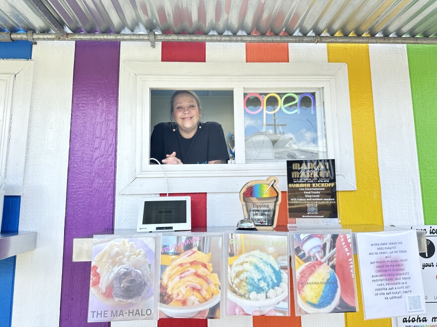 Heather English of Aloha Made Shave Ice dishes up cooling and delicious flavors at Maika'i Market.