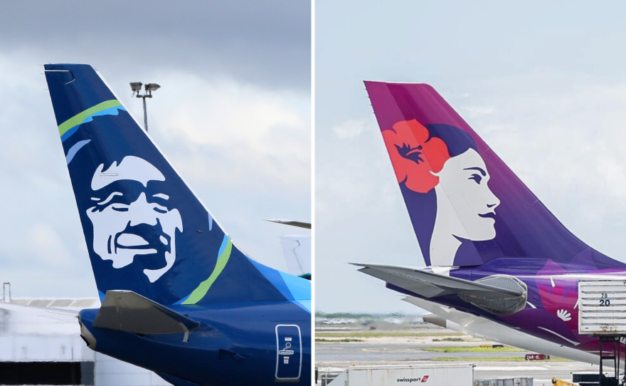 Alaska Airlines and Hawaiian Airlines plane tails side by side