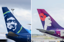 Alaska Airlines and Hawaiian Airlines plane tails side by side