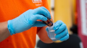 File - A Naval Facilities Engineering Systems Command contractor tests a water sample for total petroleum hydrocarbons as a part of real-time monitoring at Red Hill Well.