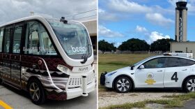 The new Honolulu airport Miki shuttle, left, and a state Department of Transportation official Tesla vehicle, right.