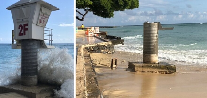 Before and after photos of the affected lifeguard tower