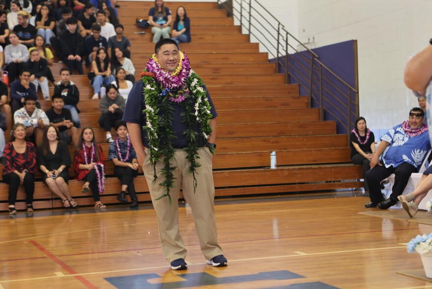 Waiākea High School mathematics teacher Rory Inouye is recognized with the Milken Educator Award in a surprise school assembly on April 9, 2024.