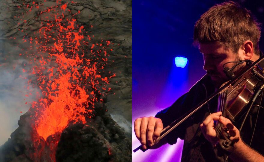 Left: Lava erupts within the summit crater of Kīlauea Volcano in Hawaiʻi Volcanoes National Park on March 4, 2022. (L. Gallant/USGS via AP). Right: Leif Karlstrom plays the violin.