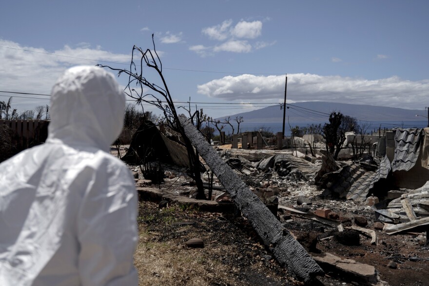 A resident looks at the remnants of her home for the first time, Tuesday, Sept. 26, 2023, in Lāhainā, Hawaiʻi. (AP Photo/Mengshin Lin)