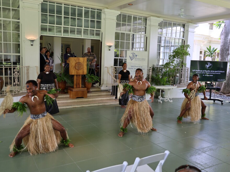 The Fiji group, Matavuvale, performed during a Tuesday press conference about the 13th Festival of Pacific Arts and Culture.