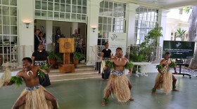 The Fiji group, Matavuvale, performed during a Tuesday press conference about the 13th Festival of Pacific Arts and Culture.