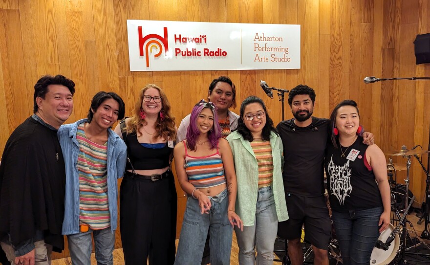 Left to right: KETP stylist Kevin Murata, bassist Timothy Manamtam, HPR's Kyla Herrmann, Kennedy Kennedy Taylor and The Electric Pancakes, Timothy Manamtam (bass guitar), Sebastian Longoria (guitar), and Raene Imamoto (drums) in the Atherton Performing Arts Studio.