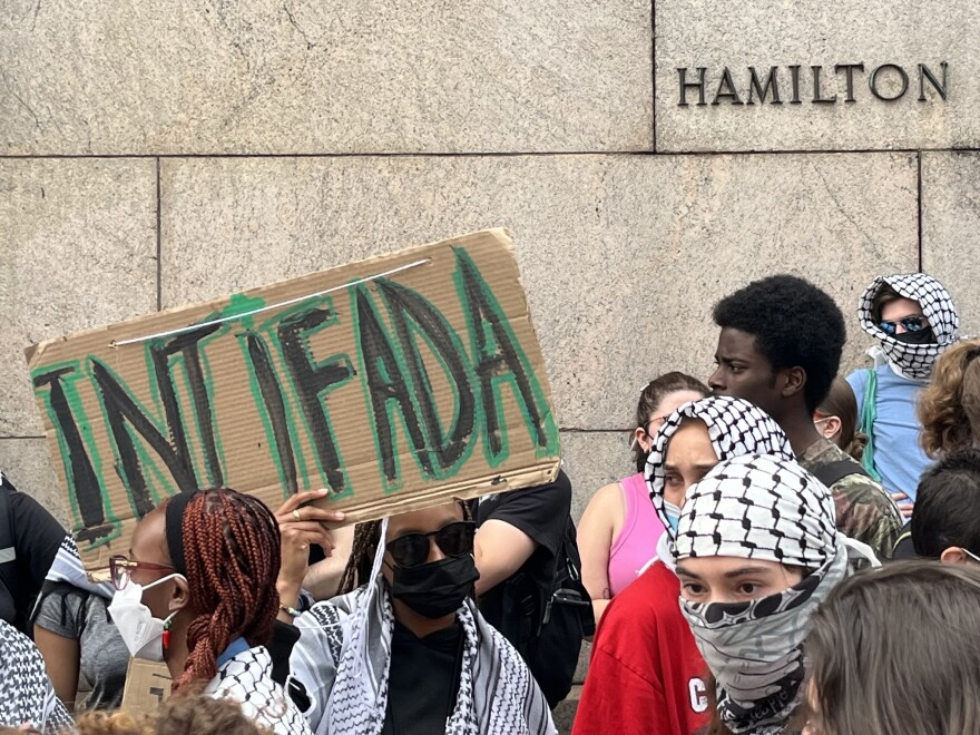 A pro-Palestinian protester at Columbia University in early May. Chants calling for "intifada" have become central at many demonstrations against the war in Gaza and the Israeli occupation of the Palestinian territories.