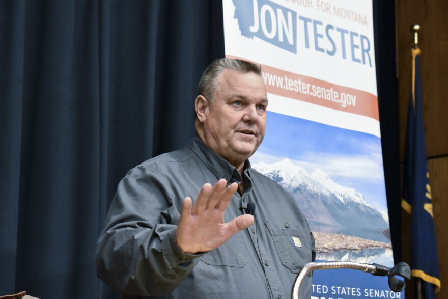 Sen. Jon Tester, D-Mont., speaks during a town hall hosted by the Democratic lawmaker at Montana Technological University, Nov. 10, 2023, in Butte, Mont.