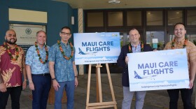 Local official and leaders announce the Maui CARES Flights program for survivors of the Maui fires. From left to right: Dustin Kaleiopu, lead for Council for Native Hawaiian Advancement Kākoʻo Maui Resource Center; Jon Kimball, vice president of Marriott International Market – Hawai‘i and French Polynesia; Ben Minicucci, CEO of Alaska Airlines; Gov. Josh Green; Josiah Nishita, managing director for Maui County, head of Maui Office of Recovery.