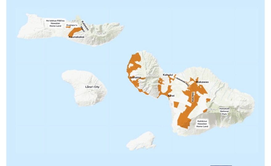 Areas in Maui County that may be subject to a Public Safety Power Shutoff.