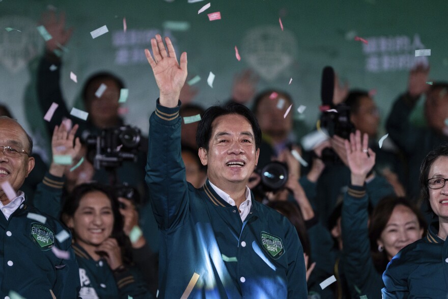 FILE- Taiwanese Vice President Lai Ching-te, also known as William Lai, left, celebrates his victory with running mate Bi-khim Hsiao in Taipei, Taiwan, Jan. 13, 2024. The Biden administration says the White House is sending an unofficial delegation to Taiwan this weekend for the inauguration of the island’s democratically elected president. The move is certain to upset China but unlikely to draw excessive responses from Beijing as the two countries try to stabilize relations. (AP Photo/Louise Delmotte, File)