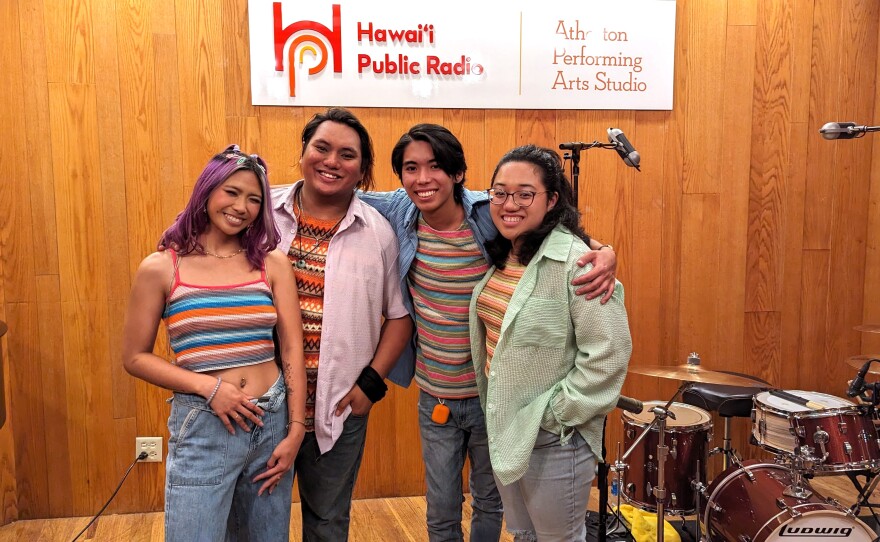 Left to right: Kennedy Taylor and The Electric Pancakes, Timothy Manamtam (bass guitar), Sebastian Longoria (guitar), and Raene Imamoto (drums) in the Atherton Performing Arts Studio.