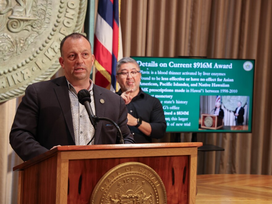 Gov. Josh Green speaks at a press conference on May 21, 2024, about the state receiving $916 million from the manufacturers and distributors of the blood thinner Plavix.