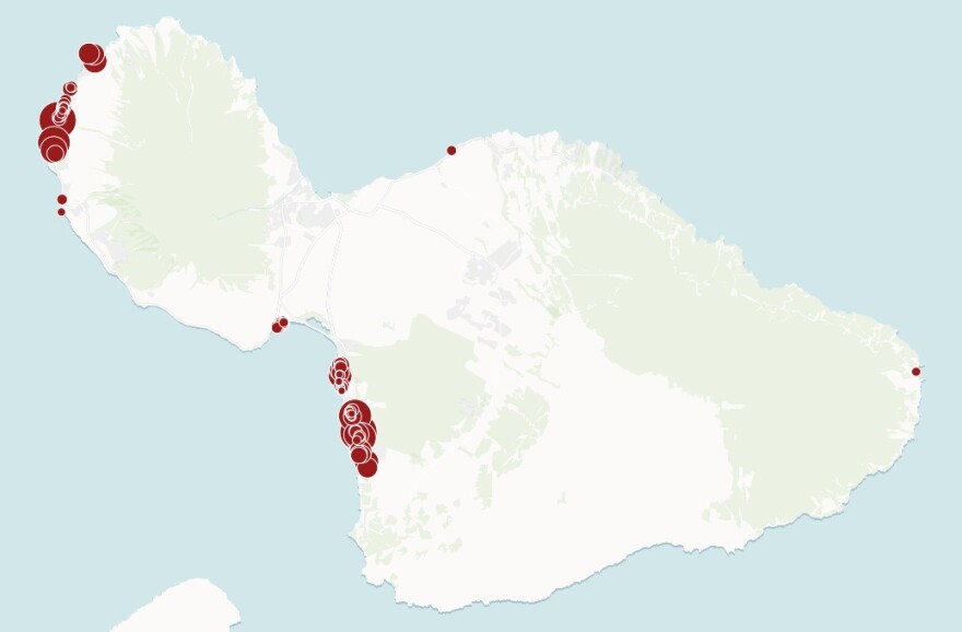 This map depicts that a vast majority of Minatoya List properties, shown in red, on Maui are located in South Maui and West Maui.