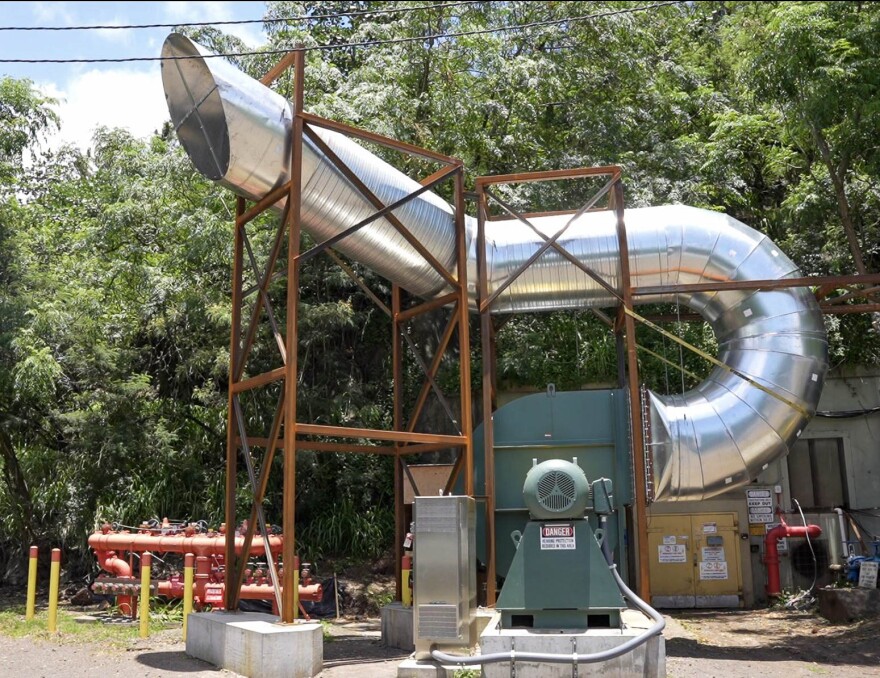 A temporary vent at the Red Hill Bulk Fuel Storage Facility undergoes final preparations before venting operations on May 28, 2024. The vent uses fan power to pull fuel vapor from the fuel tanks inside the facility.