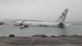 A downed Navy P-8A Poseidon in waters just off the runway at Marine Corps Air Station Kāneʻohe Bay, MCBH, Nov. 20, 2023. (U.S. Marine Corps photo)