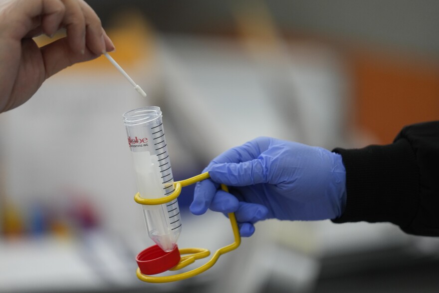 FILE - Passengers disembarking from international flights take anonymous COVID tests for study purposes at Newark Liberty International Airport in Newark, N.J., Wednesday, Jan. 4, 2023. (AP Photo/Seth Wenig)