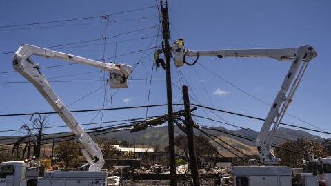 FILE - Hawaiian Electric crews work on power lines in the aftermath of a devastating wildfire in Lahaina, Hawaiʻi, Thursday, Aug. 17, 2023. (AP Photo/Jae C. Hong)