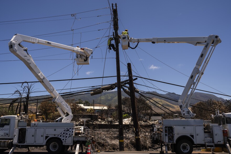 FILE - Hawaiian Electric crews work on power lines in the aftermath of a devastating wildfire in Lahaina, Hawaiʻi, Thursday, Aug. 17, 2023. (AP Photo/Jae C. Hong)