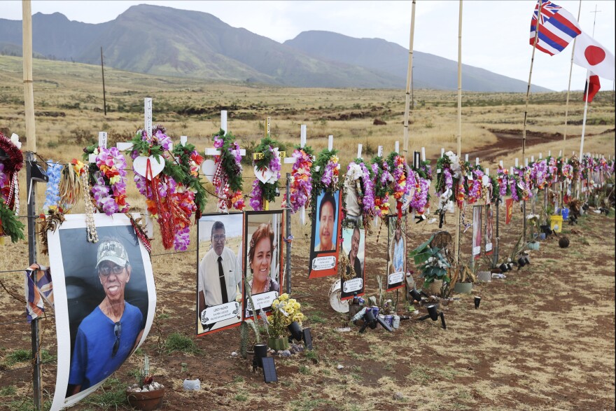 A roadside memorial dedicated to the Maui wildfire victims is seen in Lahaina on April 12, 2024.