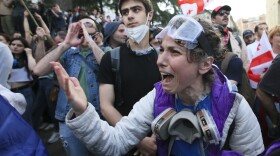 A demonstrator argues with police officers during a protest against the foreign influence bill at the Parliamentary building in Tbilisi, Georgia, on Tuesday, May 28, 2024. The Georgian parliament has overridden a presidential veto of the "foreign agents" legislation that has fueled Western concerns and sparked massive protests for weeks.