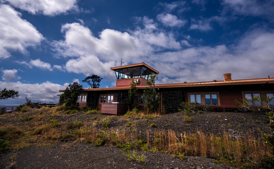 The exterior of the former USGS Okamura Building and observation tower. (Jan. 26, 2024)