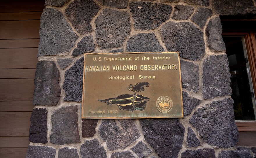 The USGS HVO plaque displayed outside of the Reginald Okamura Building. (Jan. 26. 2024)