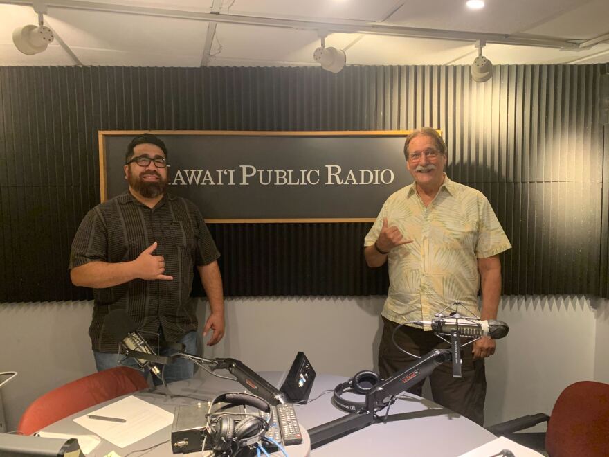 Actor Dwight Martin, right, with The Conversation's Russell Subiono at Hawaiʻi Public Radio. (April