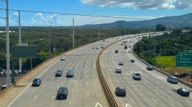 An overhead photo of cars on the H-1 Freeway on Oahu