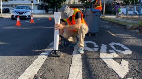 Hawaii Bicycling League volunteers repair safety features of a bike lane on Pensacola Street in Honolulu on Oct. 7, 2023.