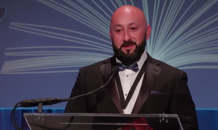 Craig Santos Perez receives his award at the 74th National Book Awards in New York City on Nov. 15, 2023.